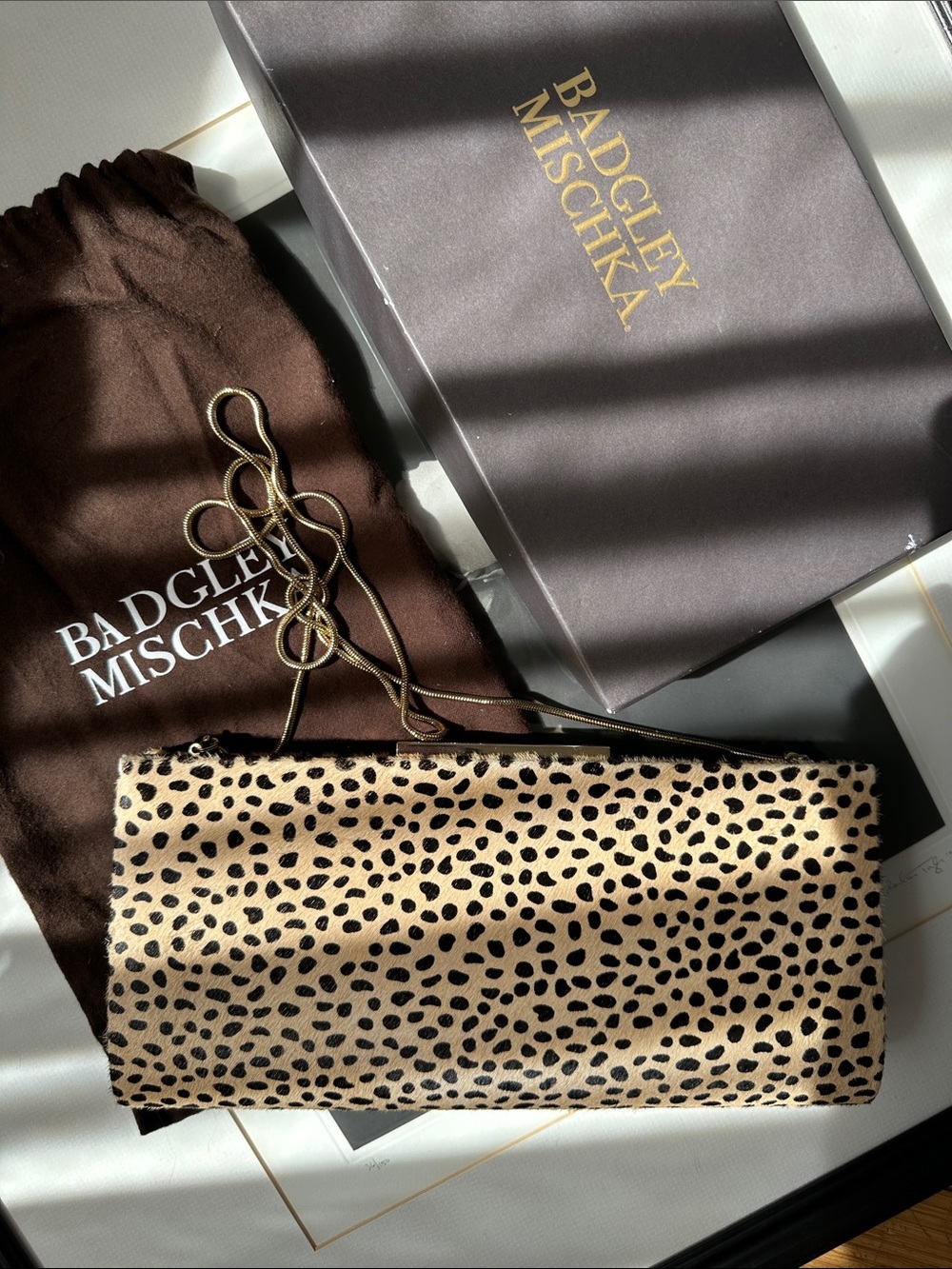 Badgley Mischka Cheetah Print Clutch, Calf Hair, Leather Trim • Dust Bag & Box
